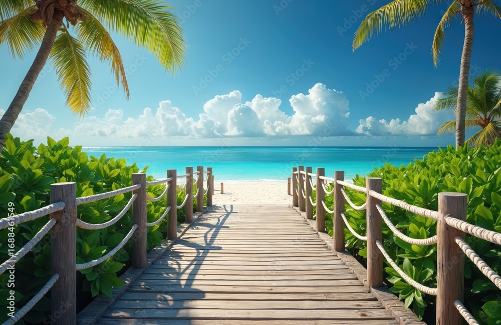 Obraz premium Wooden pathway leads to tranquil turquoise ocean on tropical beach paradise. Lush green foliage flanks the path under a clear blue sky with white clouds. Ideal for vacation, travel, relaxation themes.