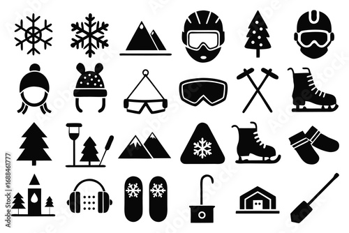Winter Sports Gear and Mountain Icons snowflake ski helmet
