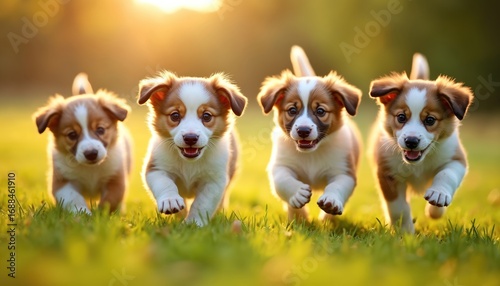 Four adorable puppies romp across a sunny meadow, their joyful energy filling the golden hour light. This candid snapshot captures pure puppy happiness and playful exploration in nature.