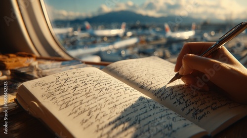 Person Writing in Journal While Traveling by Airplane with Scenic View of Airport and Clouds Through Window in Evening Light