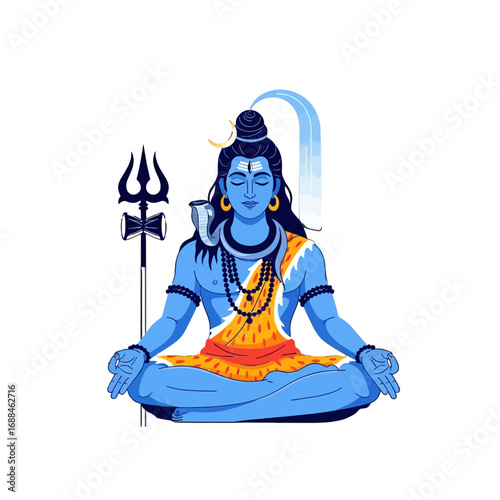 Illustration of Lord Shiva meditating with a trident against a white background