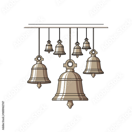 Illustration of a set of hanging bronze bells with different sizes on a metal bar against a white background.