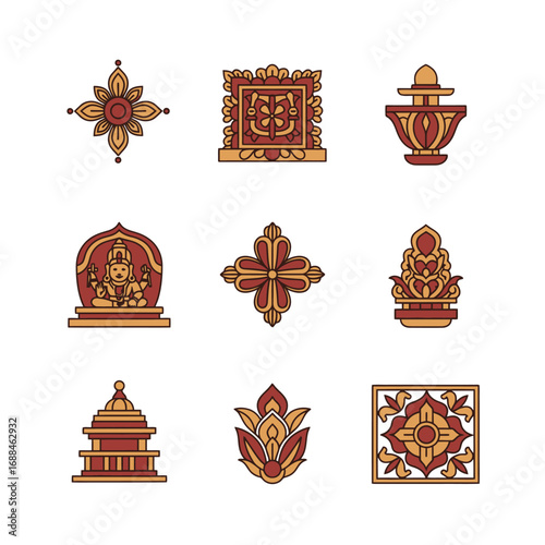 Collection of traditional Indian decorative icons and symbols with intricate designs and patterns in red and gold hues on a white background.