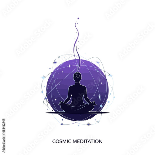 Illustration of a person meditating in lotus position against a purple cosmic background with stars and sparkles.
