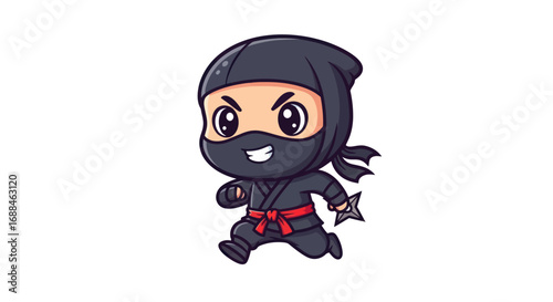 Cartoon Ninja Character Running with Shuriken, Wearing Black Suit and Red Belt.