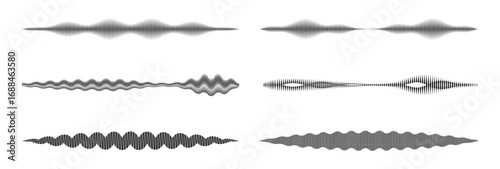 Set of sound waveforms and audio signals on white background, illustrating different frequencies, amplitudes, and patterns.