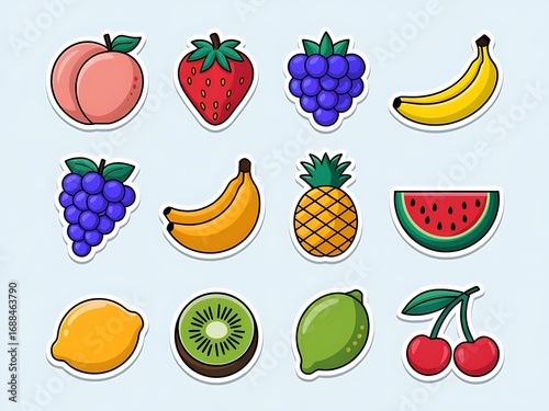 Set of stickers featuring various fruits such as bananas, watermelons