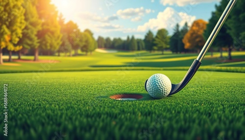 Modern vector illustration of golf club striking ball towards hole on course,  leisure,  championship