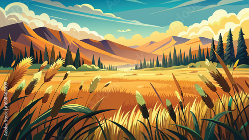 An illustration of a vibrant orange sunset over a mountain landscape with a lone tree