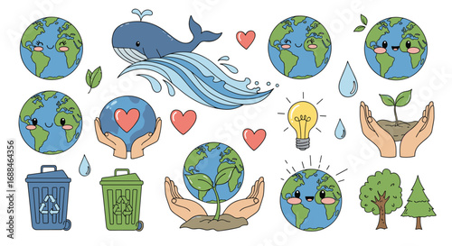 Adorable cartoon Earths, whale, and nature elements celebrate eco-friendly conservation and growth