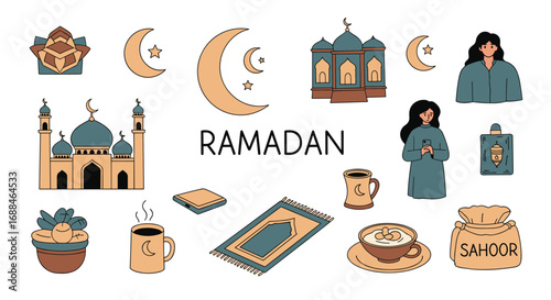 Elegant Ramadan icons and symbols perfect for festive invitations, social media, and cultural celebrations