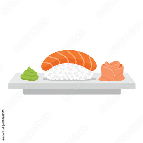 A vibrant 2D flat vector illustration of salmon nigiri sushi, featuring orange fish on rice with wasabi and pickled ginger on a simple white plate.