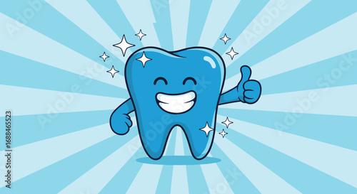 Sparkling happy tooth gives thumbs up for excellent dental care and oral hygiene