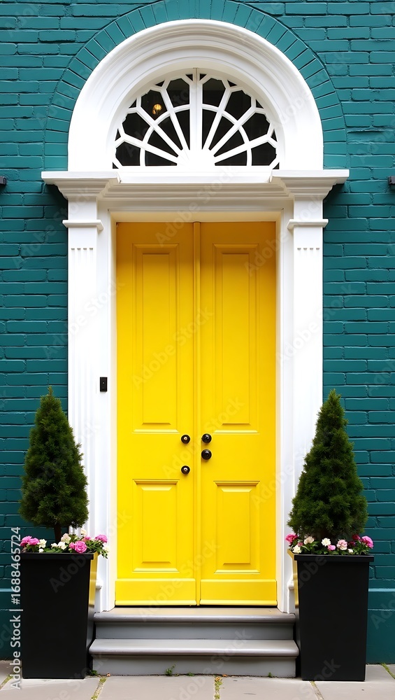Fototapeta premium Generative AI: Vibrant Portal Aesthetic. The radiant yellow doors framed by a white archway invite