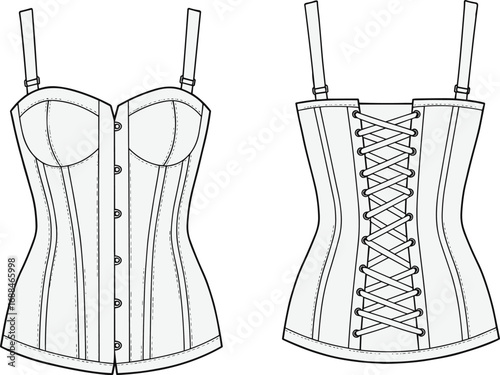 Corset top technical flat sketch, women’s lingerie fashion vector, structured bodice design, lace-up back corset CAD, bustier garment illustration, intimate wear fashion drawing