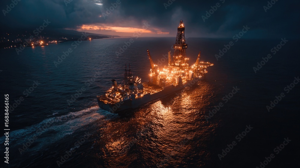 Fototapeta premium Aerial View of Illuminated Offshore Oil Rig at Dusk with Vibrant Sky and Calm Waters, Showcasing Energy Production and Maritime Industry