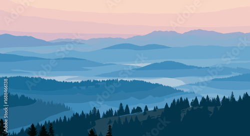 Serene mountain landscape at dawn with layers of mist and forest silhouettes