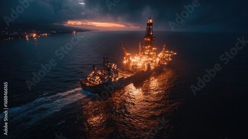 Aerial View of Illuminated Offshore Oil Rig at Dusk with Vibrant Sky and Calm Waters, Showcasing Energy Production and Maritime Industry