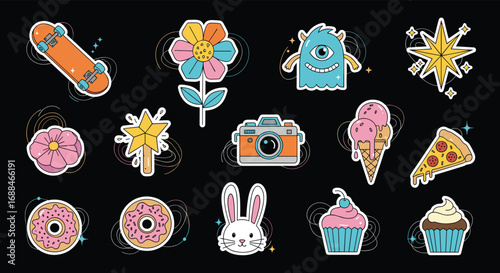 Vibrant retro sticker collection featuring fun icons like skateboards, pizza, ice cream, and cute characters