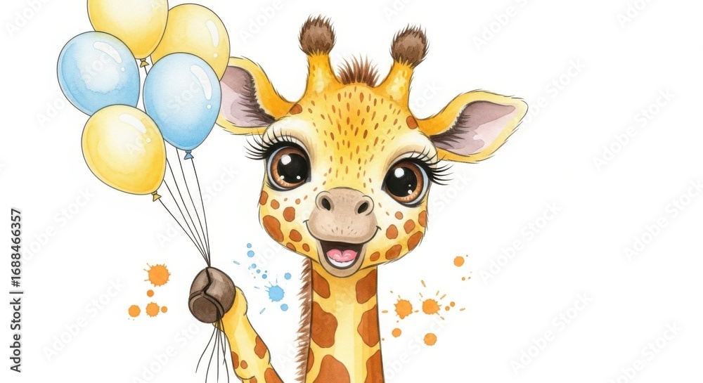 Fototapeta premium Cute Baby Giraffe Holding Colorful Balloons for Celebration