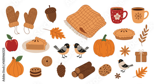 Cozy autumn elements like pumpkins apples pies and warm mittens perfect for fall designs