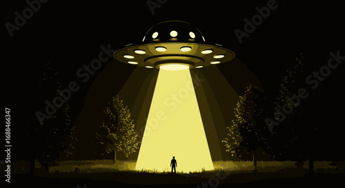Mysterious ufo hovering above alien landscape with dramatic lighting