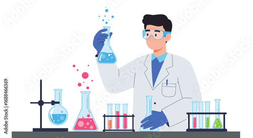Scientist conducting laboratory experiment with colorful chemicals in a flat design