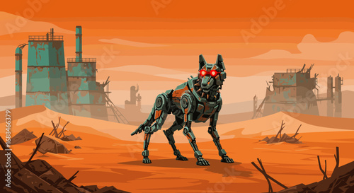 Futuristic robotic dog in post-apocalyptic desert landscape