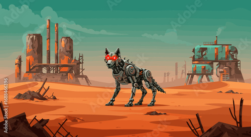Futuristic robotic dog in post-apocalyptic desert landscape with industrial ruins