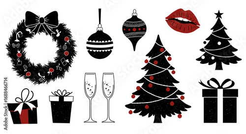 Festive holiday elements: wreath, ornaments, gift boxes, and more in black and red