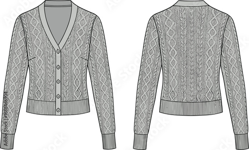 Knitted cardigan flat sketch, women's cable knit sweater vector, button front design, fashion technical drawing, cozy winterwear CAD, textured knitwear garment illustration