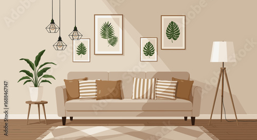 Cozy living room interior with mid-century modern decor and botanical elements