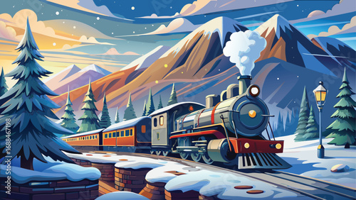 A festive cartoon vector illustration of Santa Claus traveling through a winter city at night