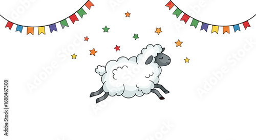 Playful cartoon sheep leaps joyfully under colorful festive bunting and stars