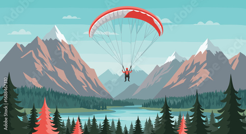 Mountain paragliding adventure with scenic forest and lake landscape