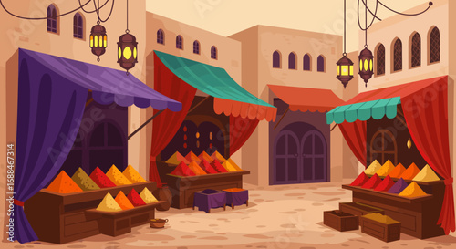 Vibrant middle eastern market with colorful spice stalls and draped canopies