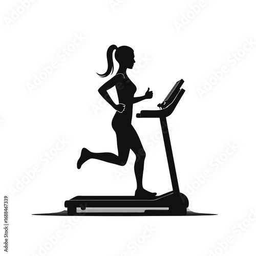 Silhouette woman running on treadmill giving thumbs up