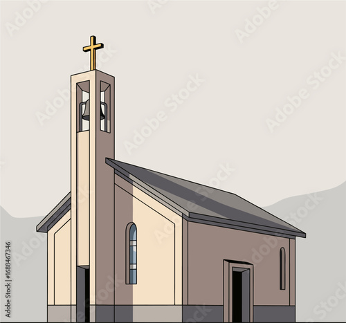 Catholic Chapel Vector Illustration – Christian Church with Bell Tower and Cross, Flat Design