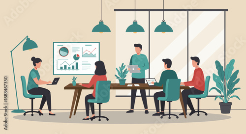 Busy office environment with team collaborating in modern workspace