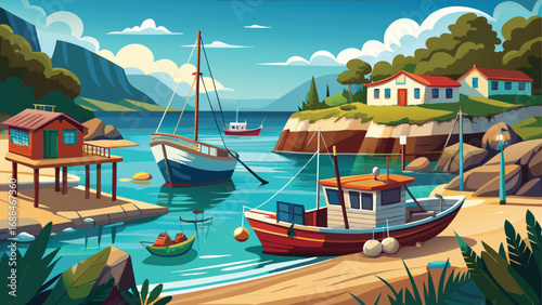 Colorful boats sail across the tranquil water near the coast, a perfect summer vacation scene