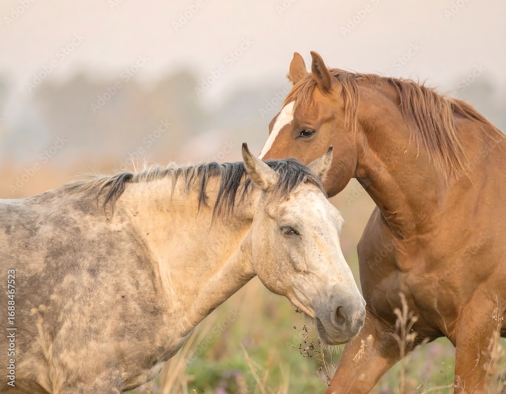 Obraz premium Two horses in a field at dawn