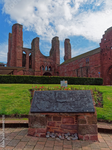 The Bronze Information Plaque in front of the West Front of Arbroath Abbey depicting the Towns rich history unveiled in 2019.