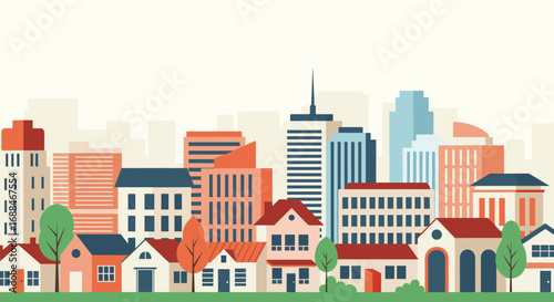 Vibrant cityscape illustration with diverse buildings, trees, and a warm color palette