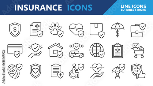 Insurance icons. Insurance and Risk line icon set. Editable Stroke.