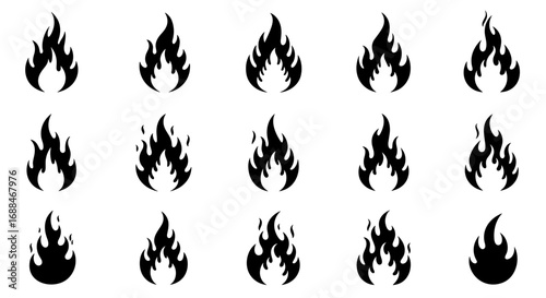 Set of black flame icons on white background with multiple fire designs