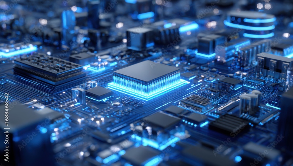 Fototapeta premium Detailed close-up of a circuit board with glowing components. Complex, intricate network of chips and conductive pathways. Blue neon highlights emphasize the technology