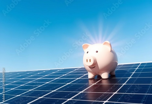 Piggy bank atop solar panel, sun shining, saving money concept, electricity, sun rays