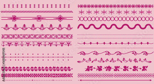 Decorative border set with ornamental patterns on pink background
