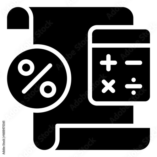Tax Calculation Glyph Black Silhouette Icon Design Vector - Scroll paper with calculator and percentage, symbolizing tax calculation and accounting