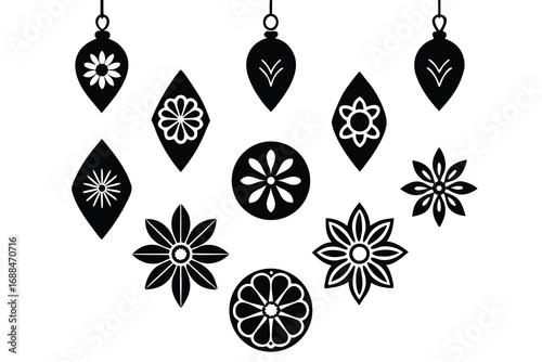 Black and White Floral Ornaments Pattern Stylized Flowers, Hanging Baubles, Rhombus and Circular Shapes